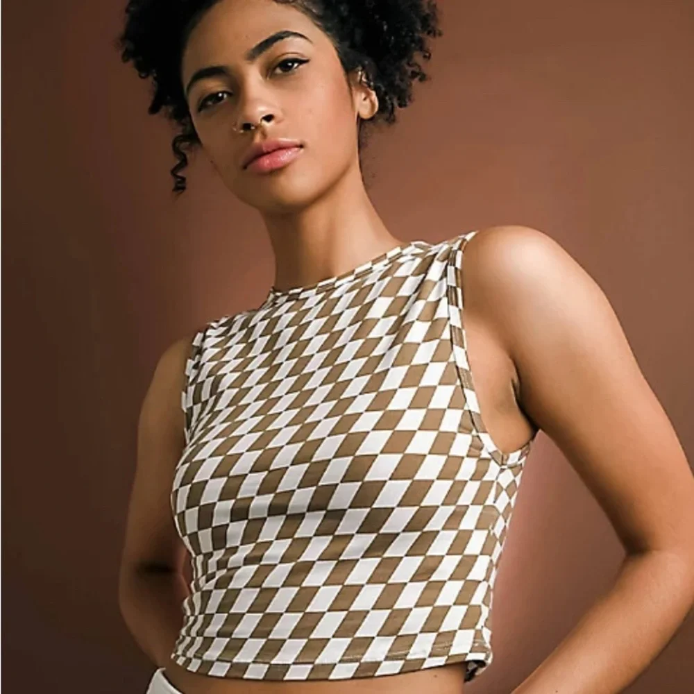 MOTEL Rocks Gimon Brown & White Checkered Crop Tank Top - S - Picture 1 of 11